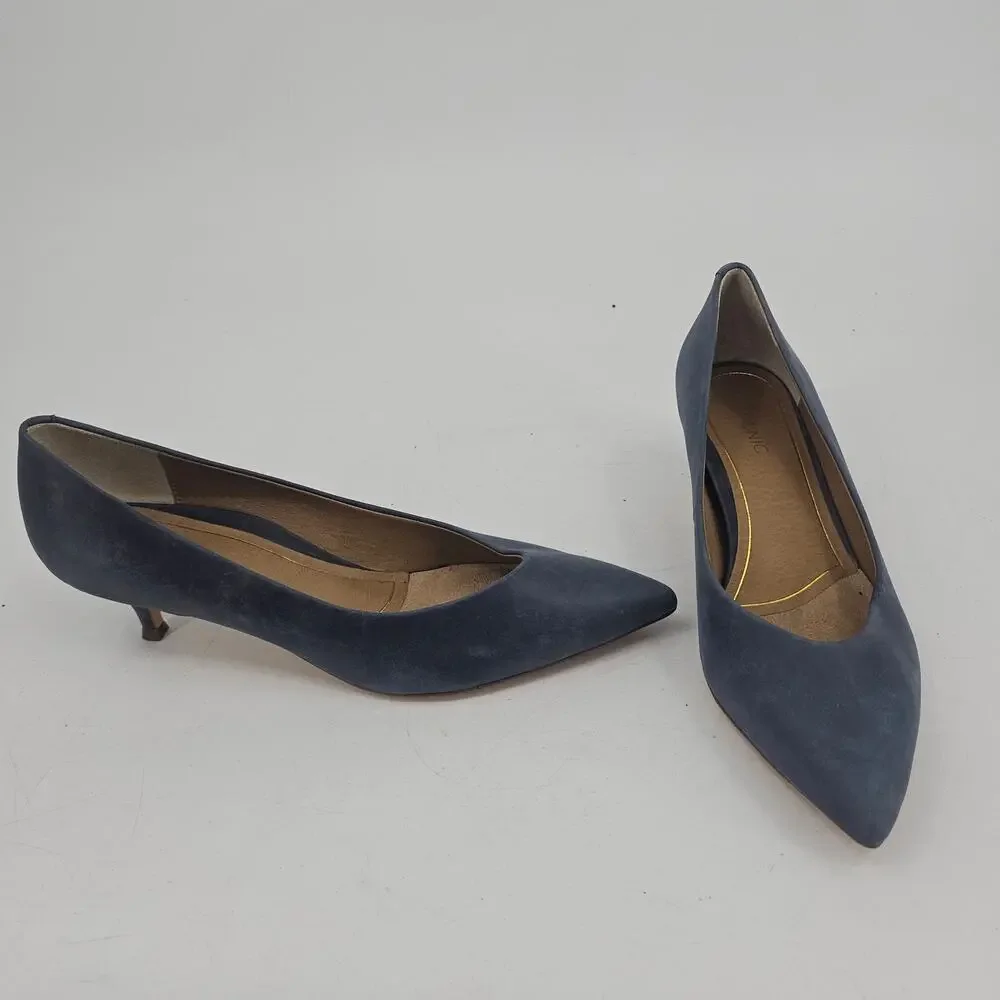 Vionic Josie pointed toe kitten heel leather pumps shoe navy blue 10 Corpcore